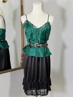 VTG 90s Ciel Black Satin Lace Ruffle Slip Skirt M Whimsigoth